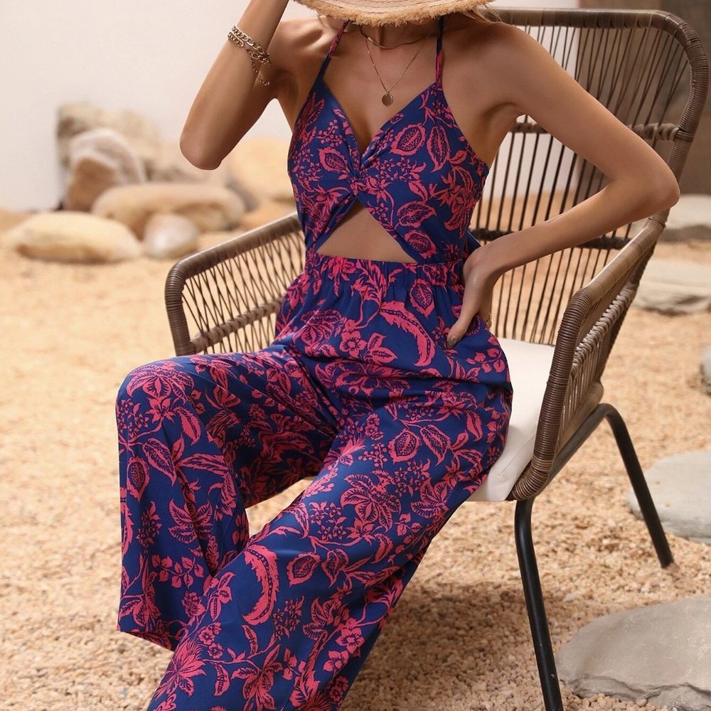 Blue Boho Womens Floral Print Twist Front Cut Out Tie Backless Halter Jumpsuit - Picture 2 of 5